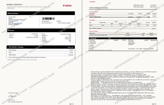 India airtel utility bill template in Word and PDF formats, 2 pages, version 3